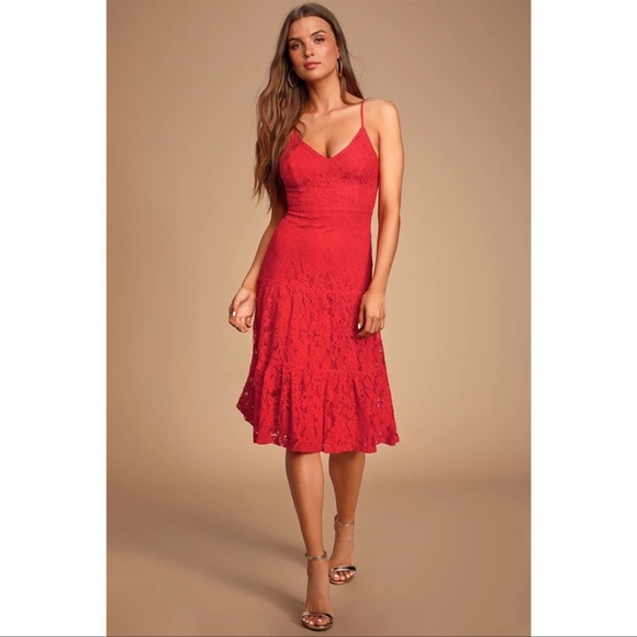Lulus Manning Cocktail Tiered Red Lace Midi Dress - Picture 1 of 11